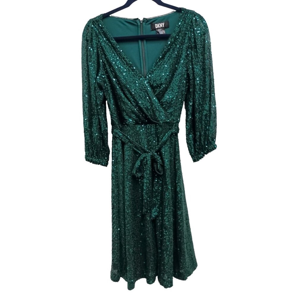 DKNY Faux Wrap Dress Size 6 Green Sequined Long Sleeve Evening Holiday Glam